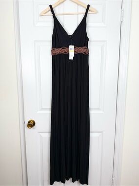 NWT Spense Solid Black Flowy Maxi Dress with Braided Straps and Faux Belt Medium